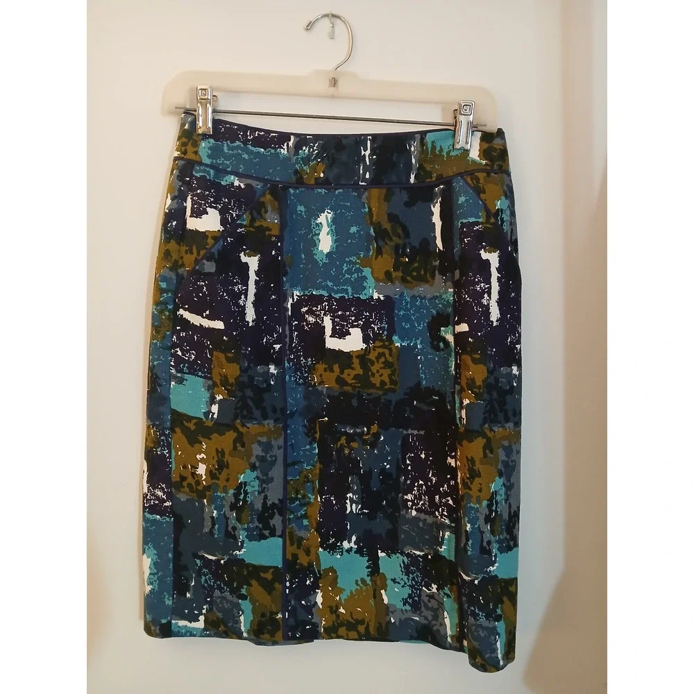 Tabitha Anthropologie sz 2 Abstract Painterly Print Pencil Skirt Blue Green